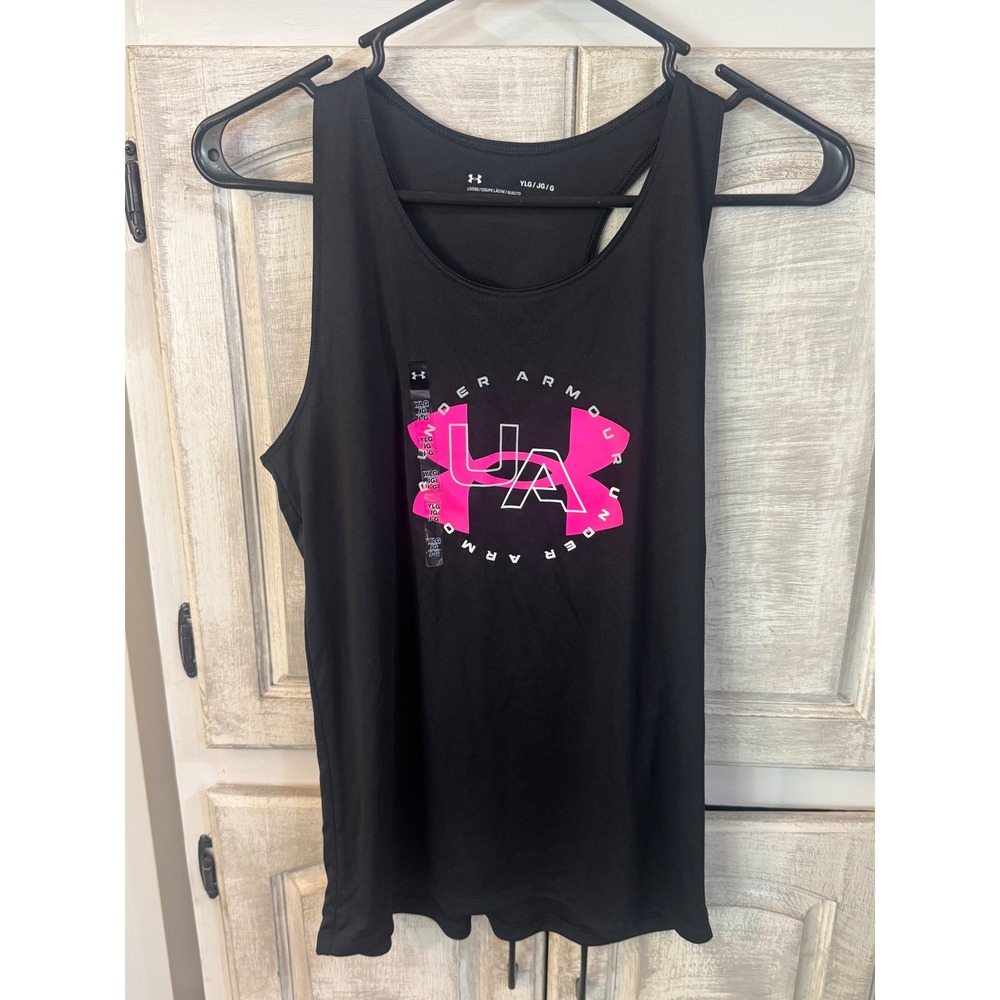 Under Armour Girls Black Pink Logo Racerback Tank Top HeatGear YLG NEW